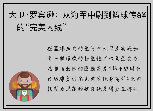 大卫·罗宾逊：从海军中尉到篮球传奇的“完美内线”
